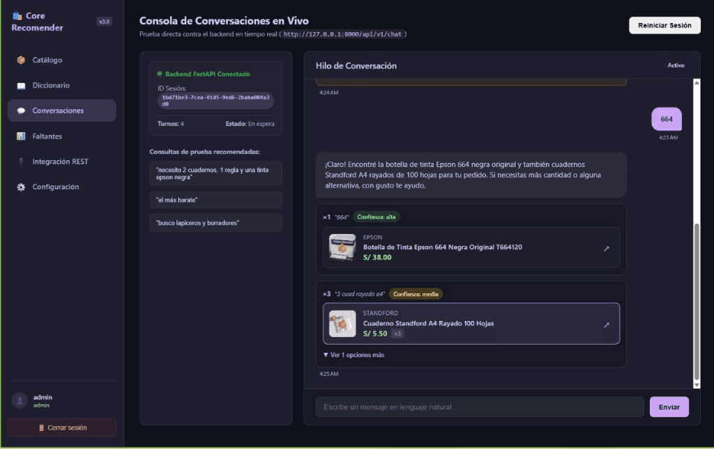 Consola de Core Recommender v3.0 mostrando búsqueda en lenguaje natural y recomendación de productos